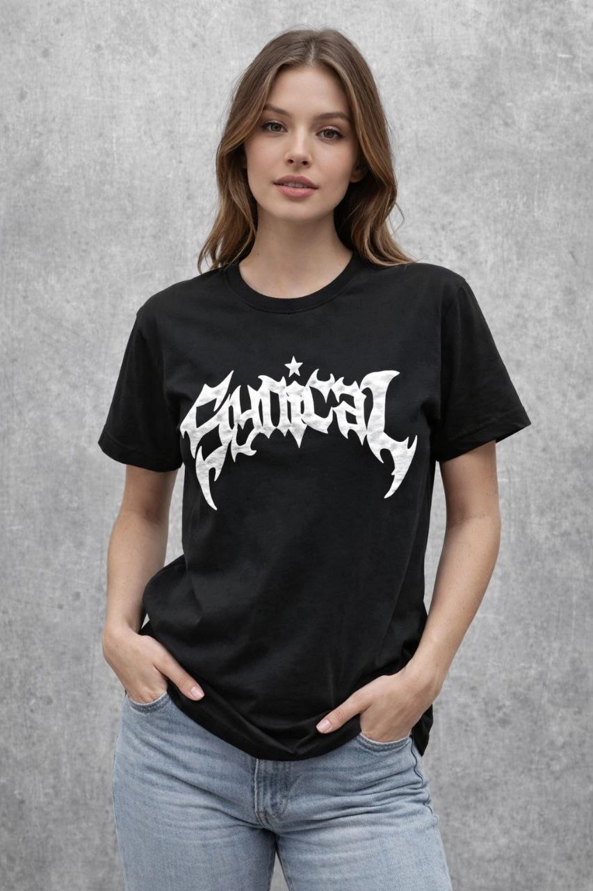 Kadın Bisiklet Yaka Ön Baskılı  Kısa Kollu Tişört Streetwear Günlük Basic Pamuklu T-shirt - Siyah