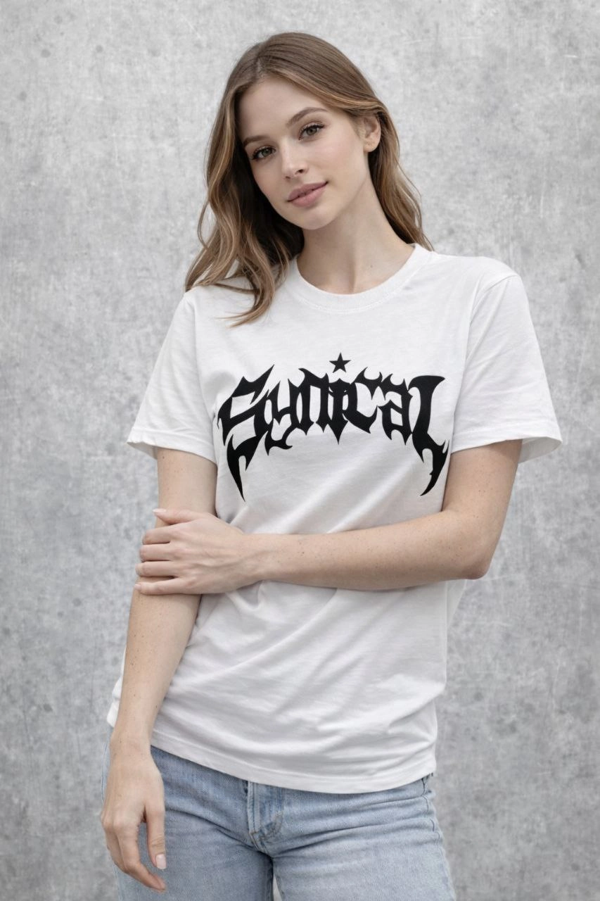 Kadın Bisiklet Yaka Ön Baskılı Kısa Kollu Tişört Streetwear Günlük Basic Pamuklu T-shirt - Beyaz