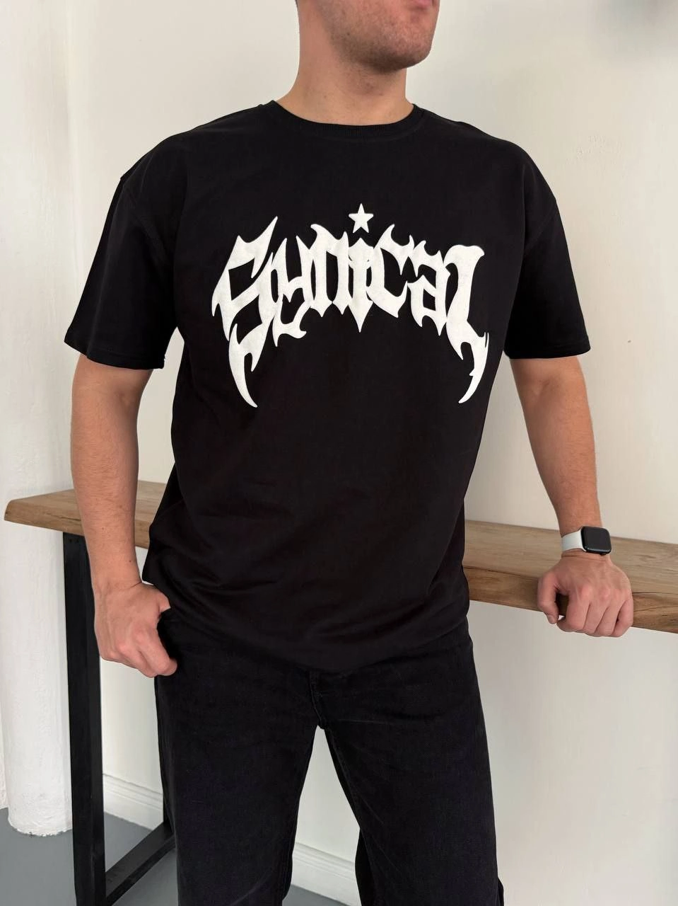 Erkek Bisiklet Yaka Ön Baskılı  Kısa Kollu Tişört Streetwear Günlük Basic Pamuklu T-shirt - Siyah