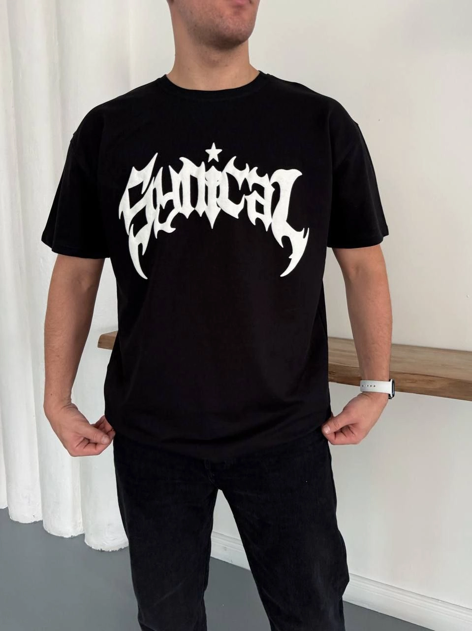 Erkek Bisiklet Yaka Ön Baskılı  Kısa Kollu Tişört Streetwear Günlük Basic Pamuklu T-shirt - Siyah