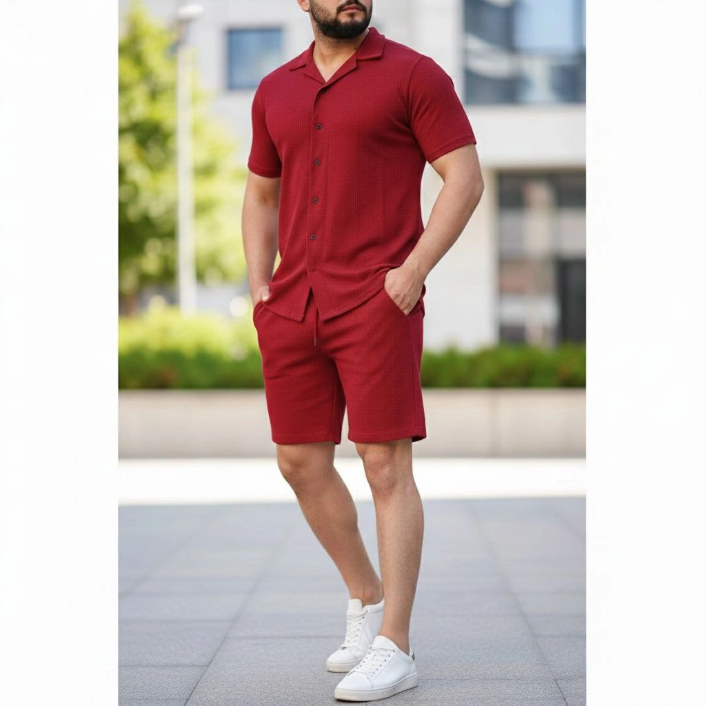 Erkek Waffle Kısa Kollu Gömlek Şort Takım Regular Fit İkili Set - Bordo