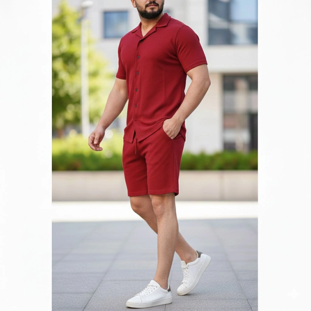 Erkek Waffle Kısa Kollu Gömlek Şort Takım Regular Fit İkili Set - Bordo