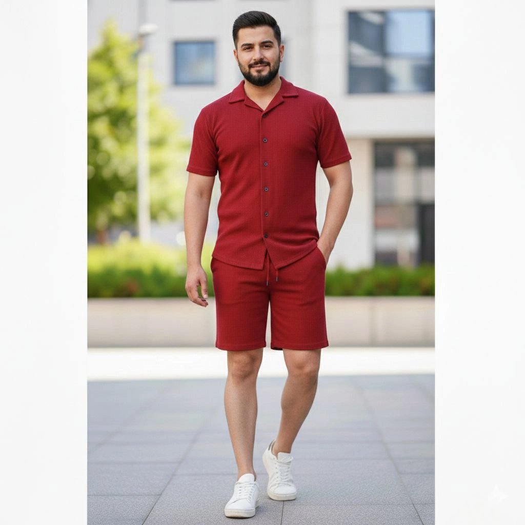 Erkek Waffle Kısa Kollu Gömlek Şort Takım Regular Fit İkili Set - Bordo