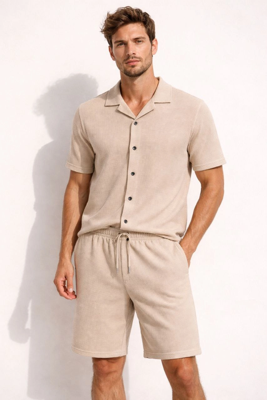 Erkek Waffle Kısa Kollu Gömlek Şort Takım Regular Fit İkili Set - Bej