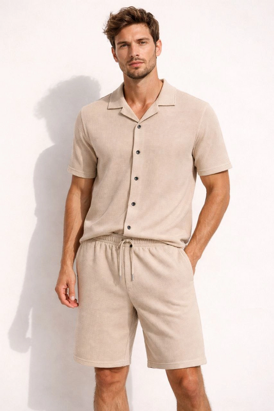 Erkek Waffle Kısa Kollu Gömlek Şort Takım Regular Fit İkili Set - Bej