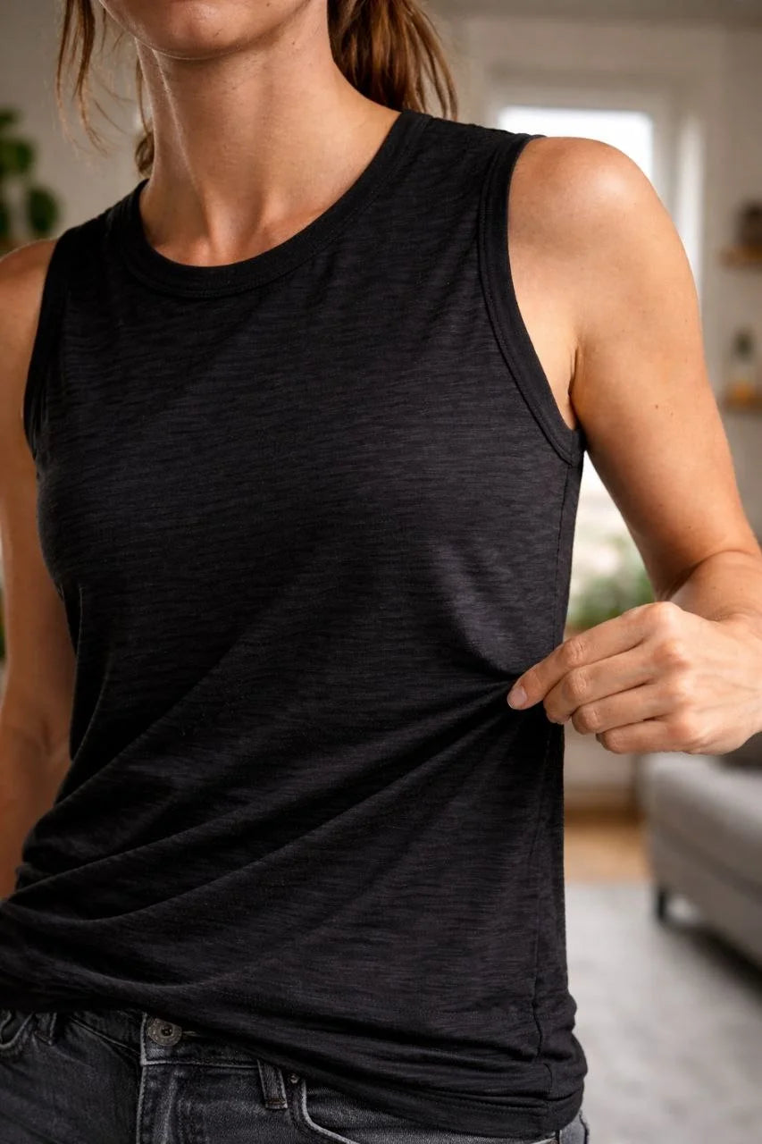 Kadın Flamlı Kumaş Sıfır Kolsuz Atlet Basic Spor Üst, Günlük ve Fitness Kullanımına Uygun - Siyah