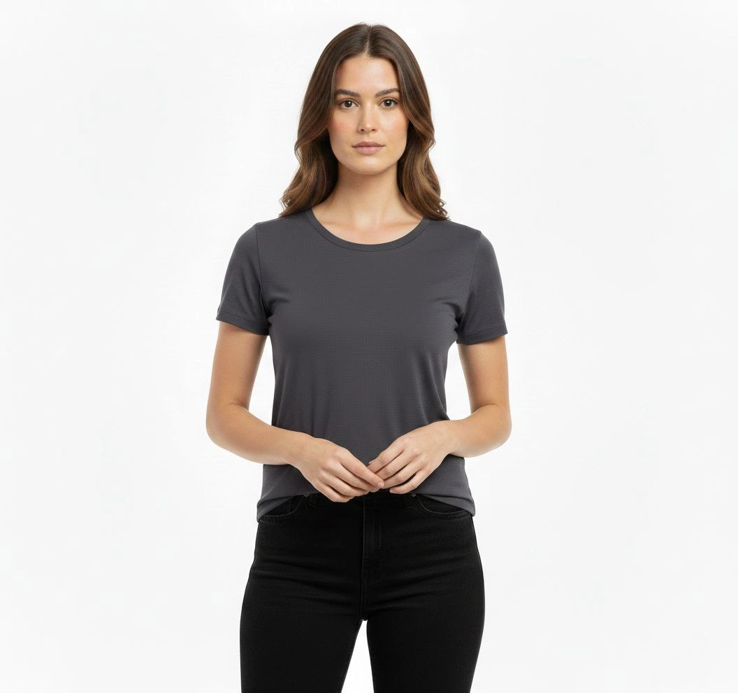 Kadın T-Shirt Bisiklet Yaka Slim Fit Likralı Tişört Günlük Basic Body - Füme