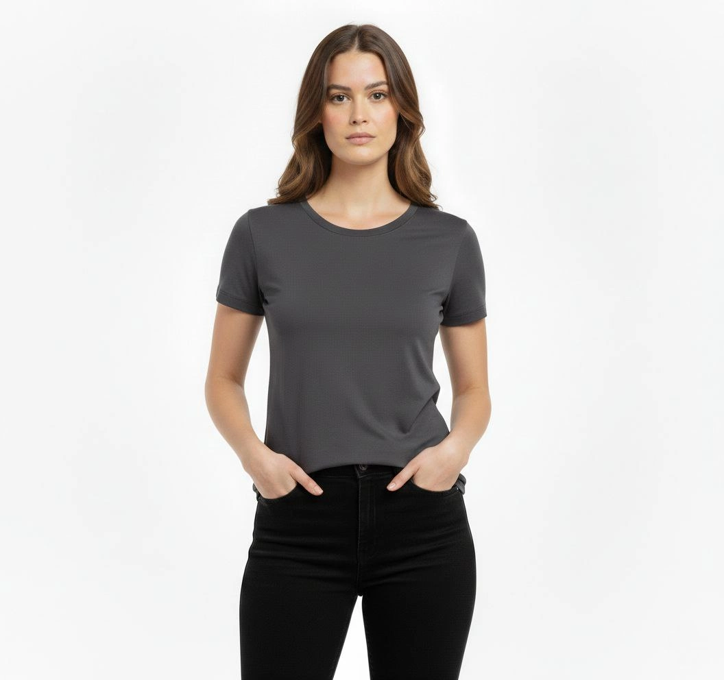 Kadın T-Shirt Bisiklet Yaka Slim Fit Likralı Tişört Günlük Basic Body - Füme