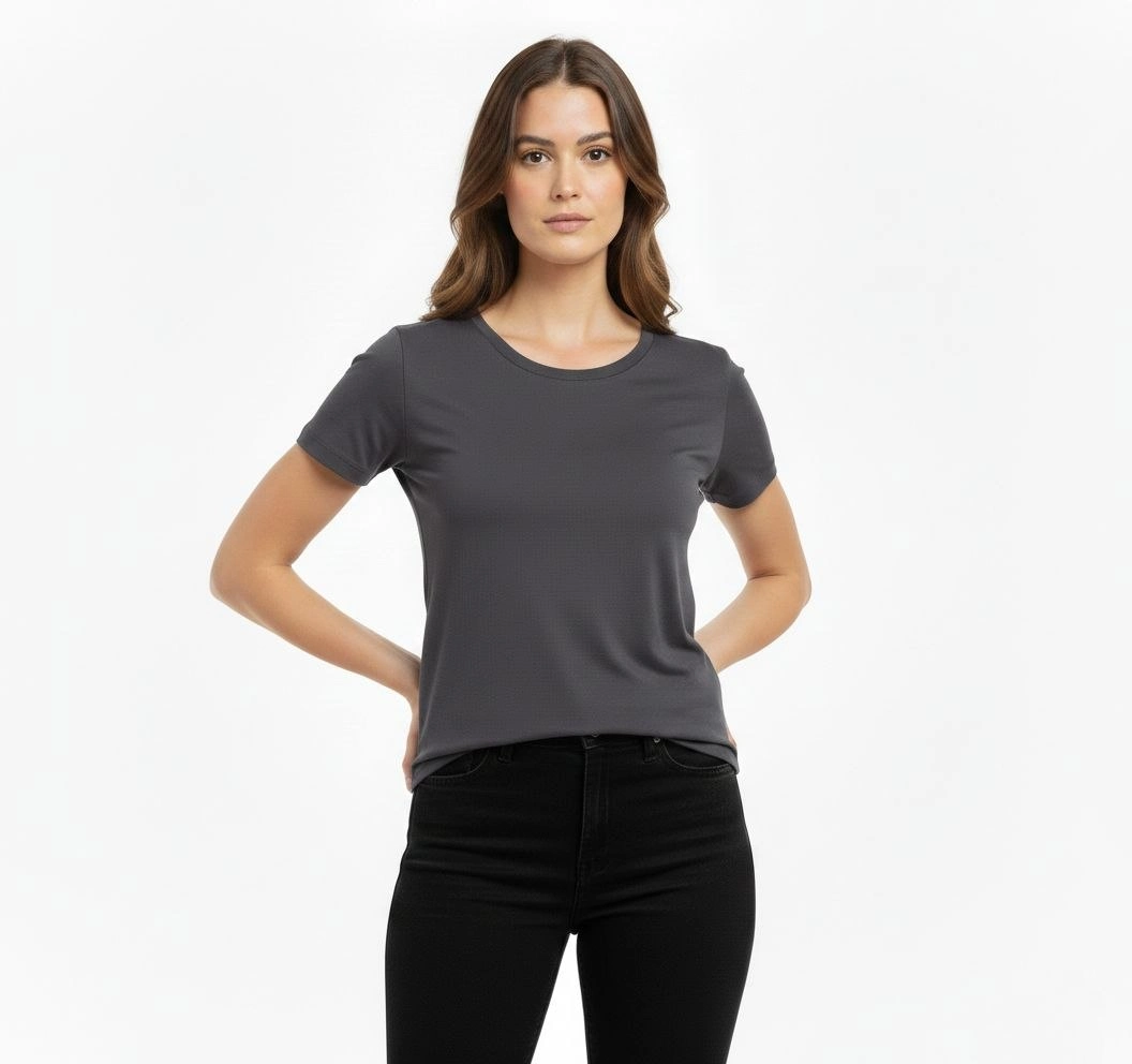 Kadın T-Shirt Bisiklet Yaka Slim Fit Likralı Tişört Günlük Basic Body - Füme