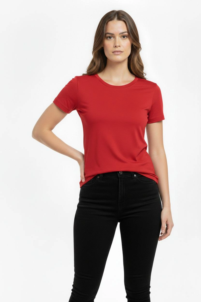 Kadın Bisiklet Yaka Slim Fit Likralı Tişört - Kırmızı