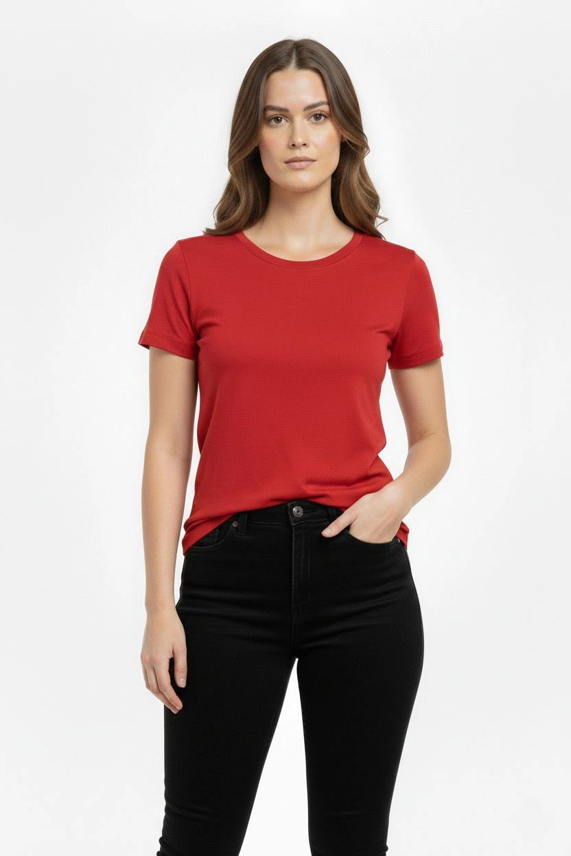 Kadın Bisiklet Yaka Slim Fit Likralı Tişört - Kırmızı
