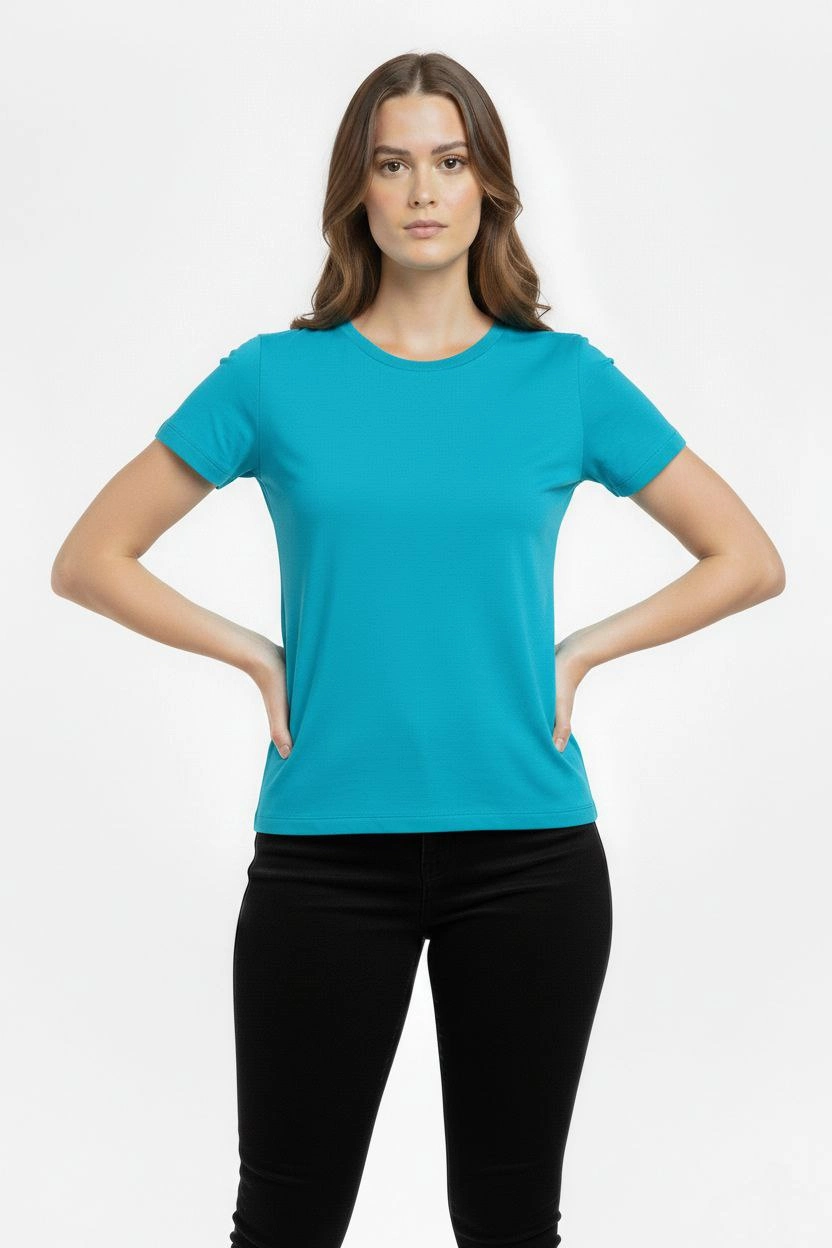 Kadın Bisiklet Yaka Slim Fit Likralı Tişört - Turkuvaz