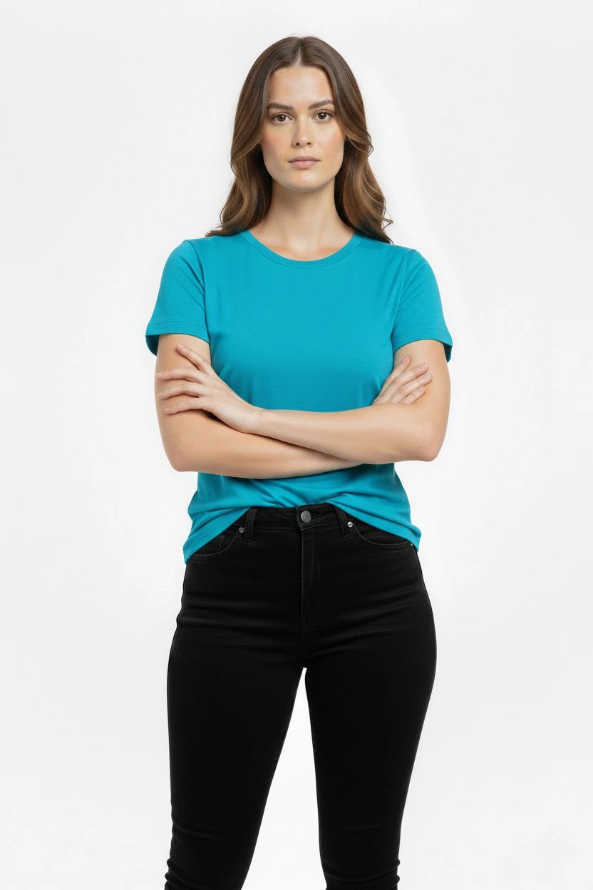 Kadın Bisiklet Yaka Slim Fit Likralı Tişört - Turkuvaz