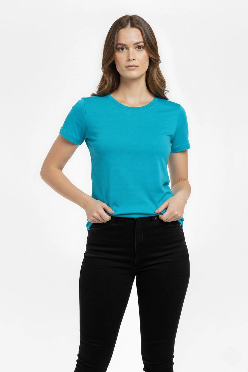 Kadın Bisiklet Yaka Slim Fit Likralı Tişört - Turkuvaz