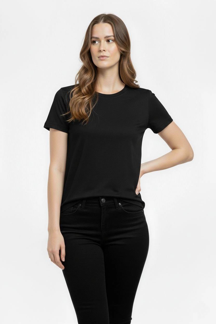 Kadın T-Shirt Bisiklet Yaka Slim Fit Likralı Tişört Günlük Basic Body - Siyah