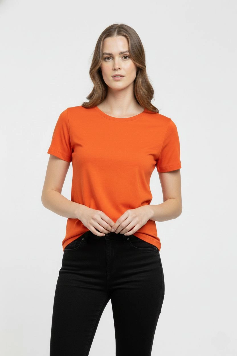 Kadın Bisiklet Yaka Slim Fit Likralı Tişört - Turuncu