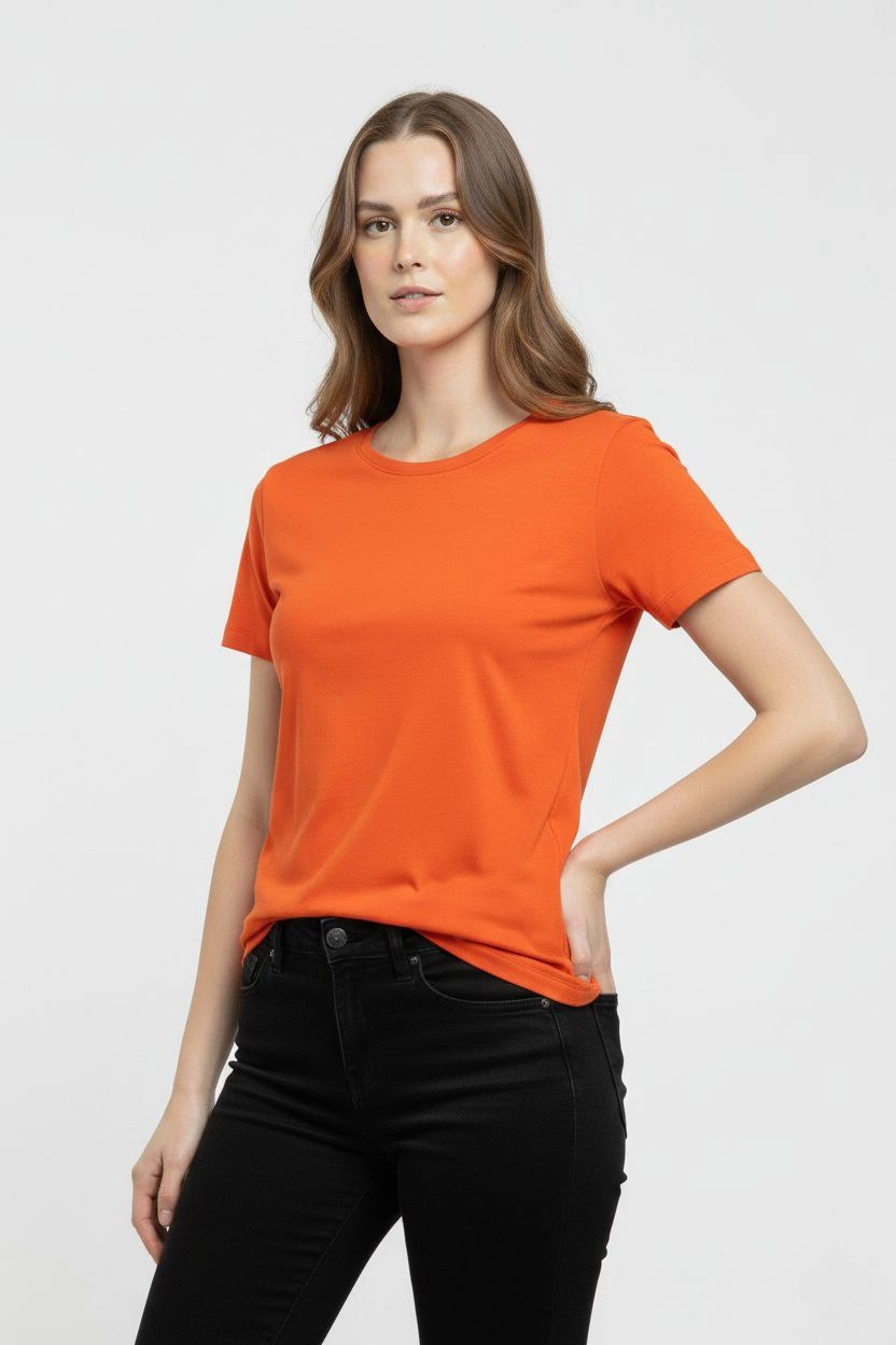Kadın Bisiklet Yaka Slim Fit Likralı Tişört - Turuncu