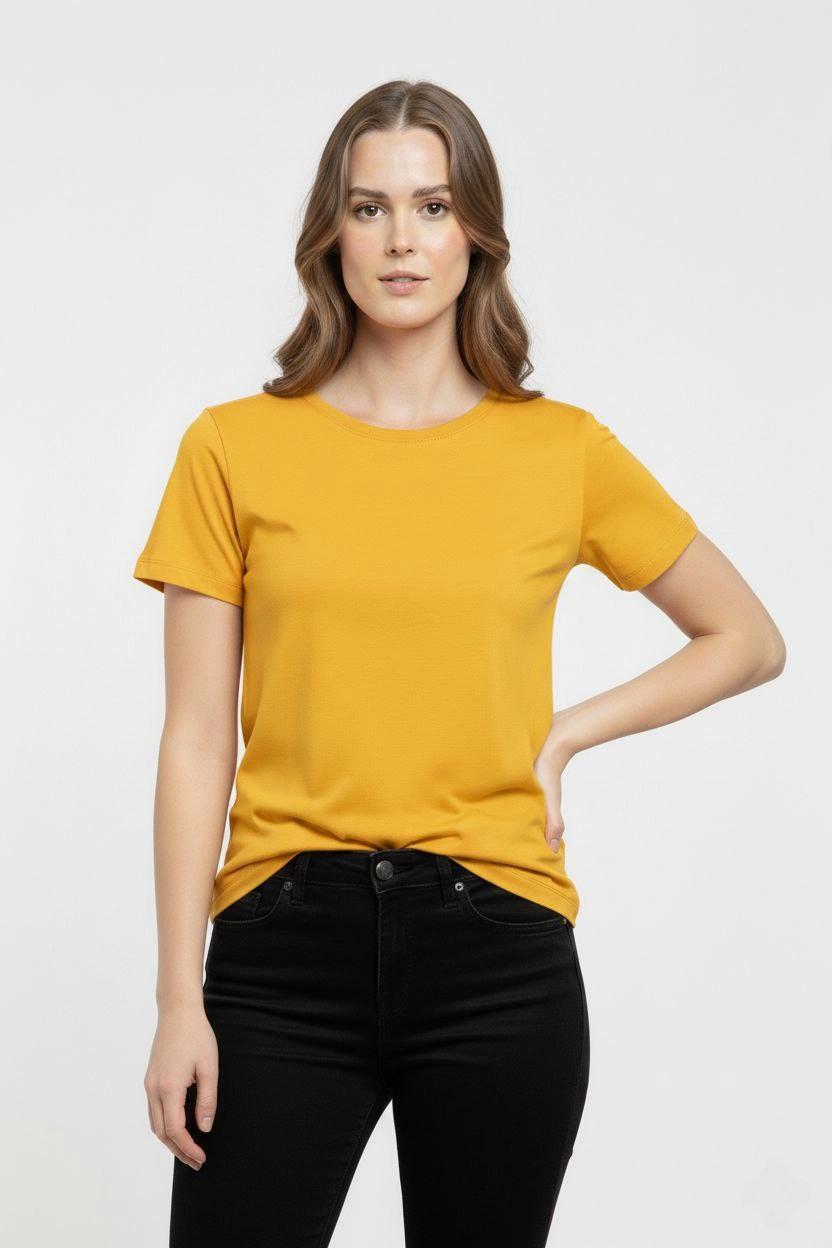 Kadın Bisiklet Yaka Slim Fit Likralı Tişört - Sarı