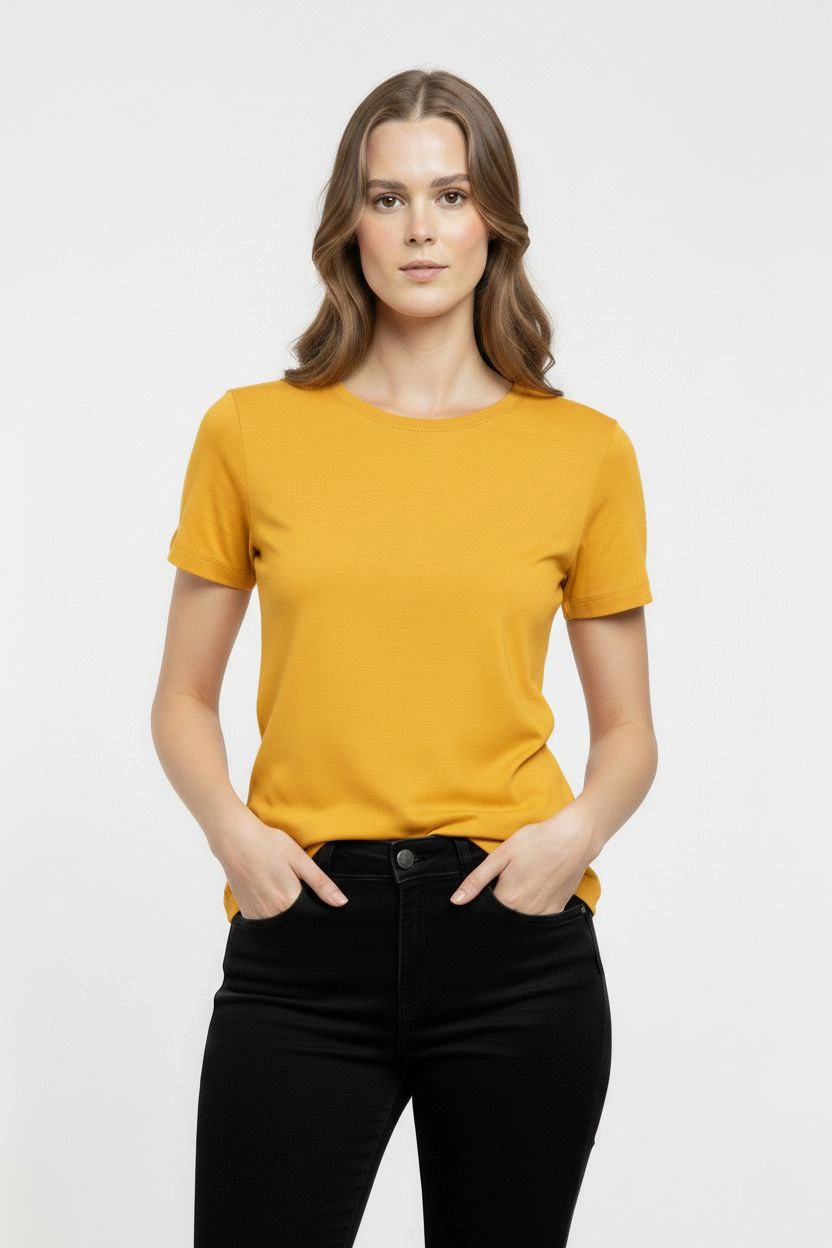 Kadın Bisiklet Yaka Slim Fit Likralı Tişört - Sarı