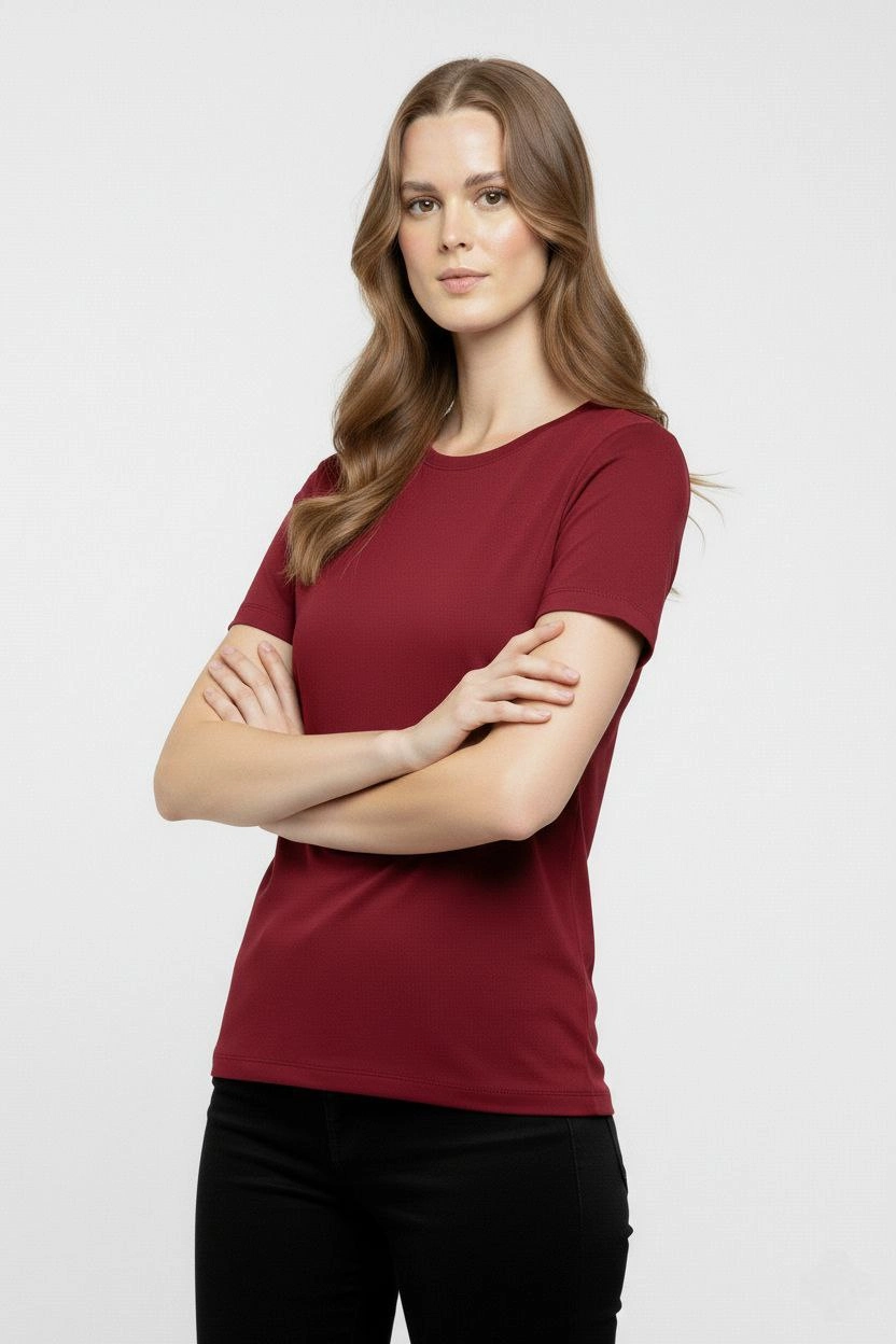 Kadın Bisiklet Yaka Slim Fit Likralı Tişört - Bordo
