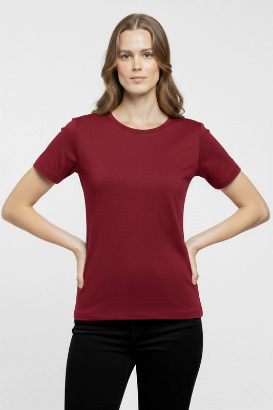 Kadın Bisiklet Yaka Slim Fit Likralı Tişört - Bordo