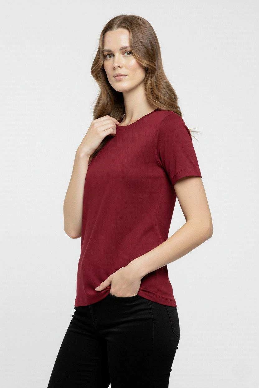 Kadın Bisiklet Yaka Slim Fit Likralı Tişört - Bordo