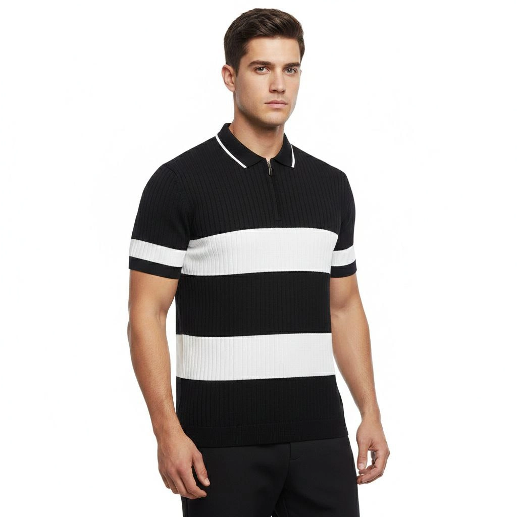 Erkek T-shirt Çizgili Triko Dokuma Kumaş Polo Yaka Yarım Fermuarlı Regular Kalıp Tişört - Siyah