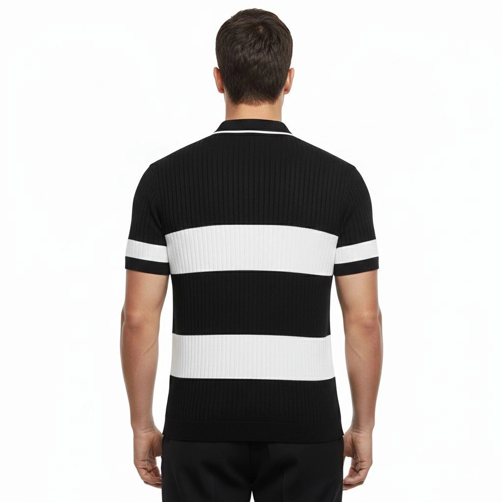 Erkek T-shirt Çizgili Triko Dokuma Kumaş Polo Yaka Yarım Fermuarlı Regular Kalıp Tişört - Siyah