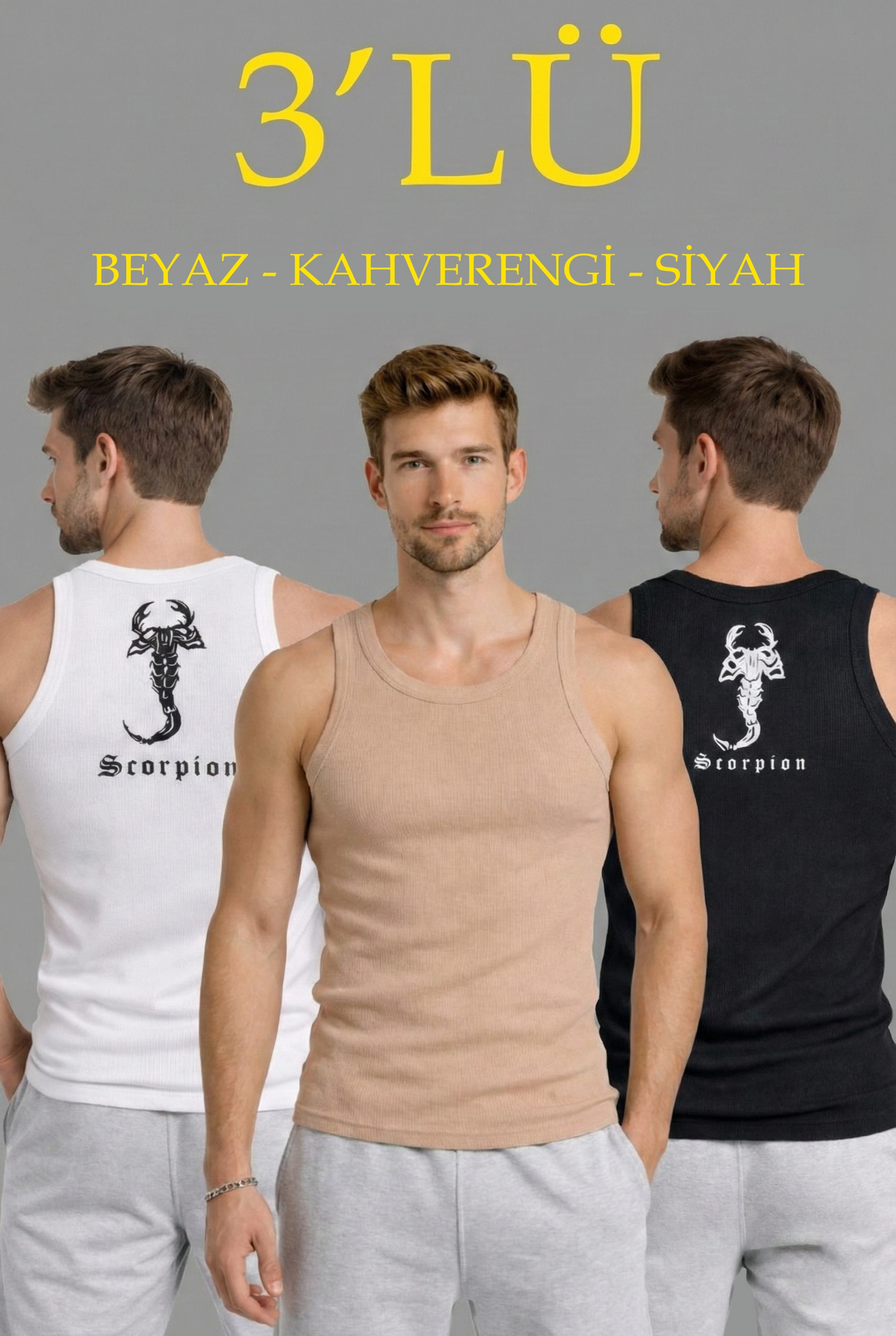 Erkek Spor Fitilli Atlet 3'lü Set Beyaz Siyah Kahverengi Slim Fit Kaşkorse Arka Baskılı