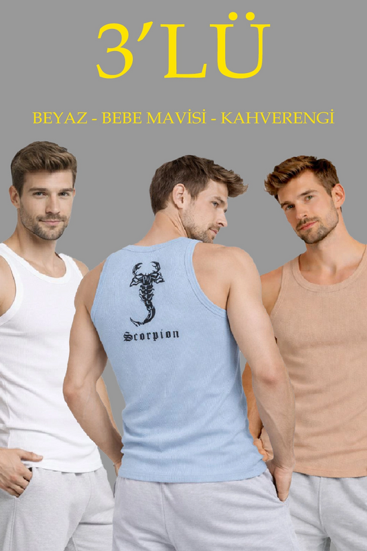 Erkek Spor Fitilli Atlet 3'lü Set Beyaz Bebek Mavisi Kahverengi Slim Fit Kaşkorse Arka