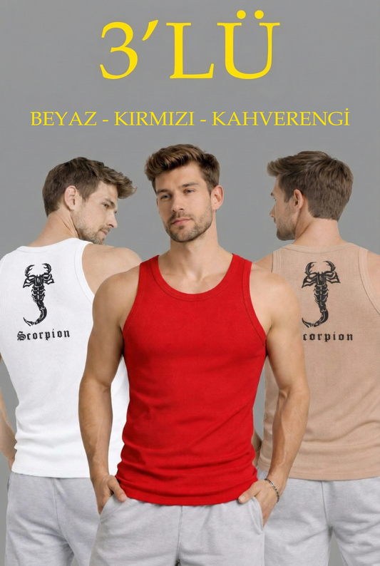Erkek Spor Fitilli Atlet 3'lü Set Beyaz Kırmızı Kahverengi Slim Fit Kaşkorse Arka Baskılı