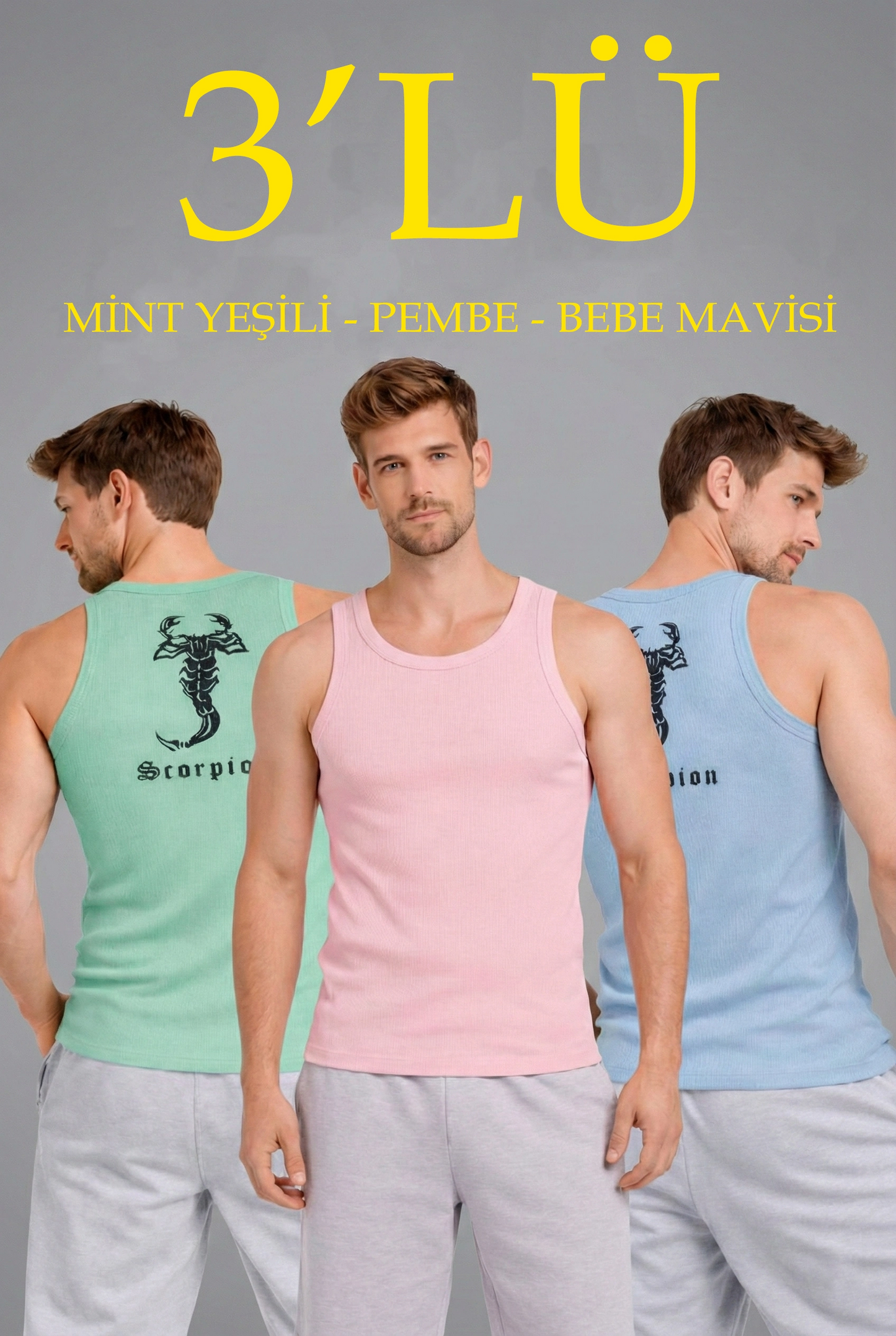 Erkek Spor Fitilli Atlet 3'lü Set Mint Yeşili Pembe Bebek Mavisi Slim Fit Kaşkorse Arka
