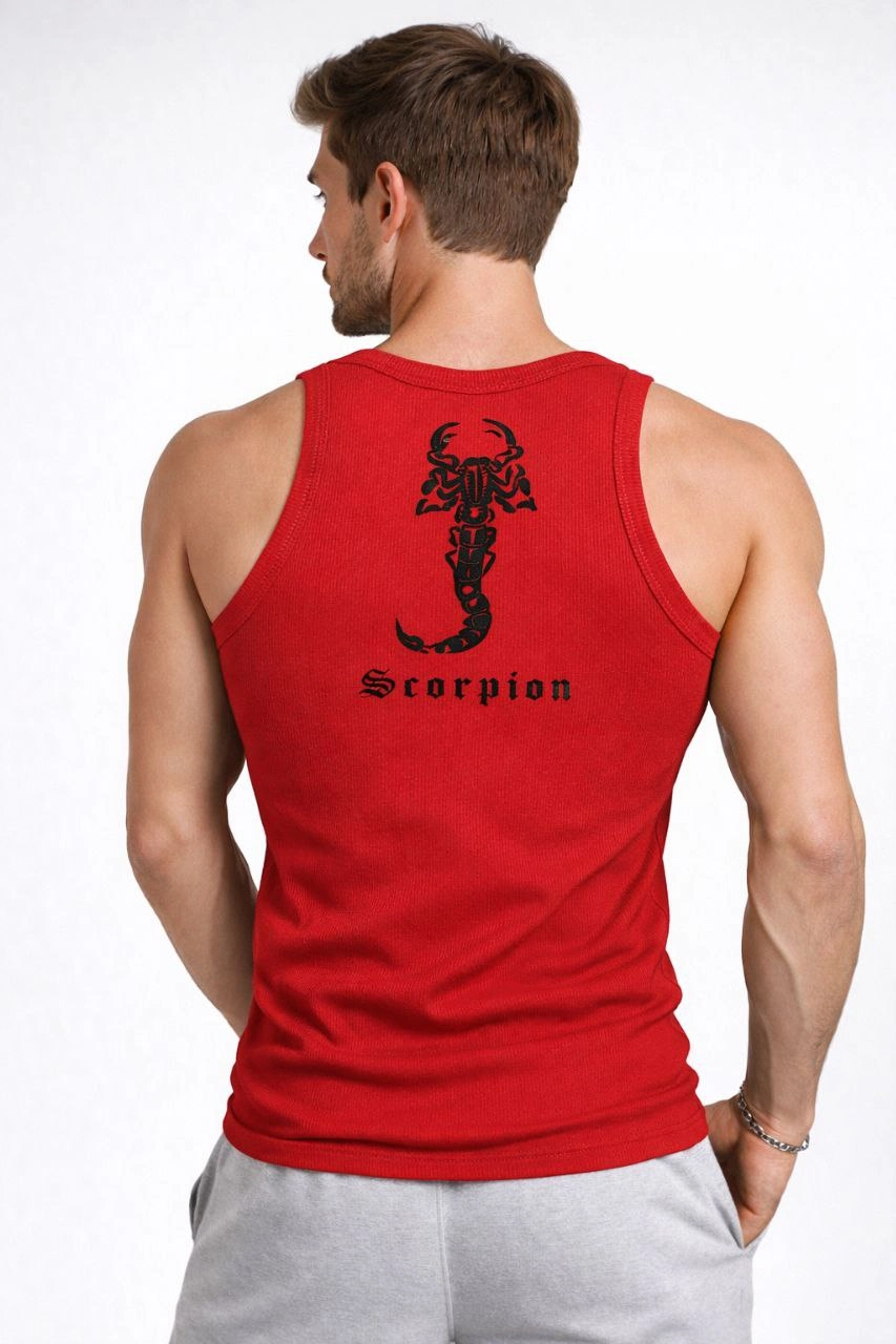 Erkek Spor Fitilli Atlet 3'lü Set Kırmızı, Siyah ve Beyaz Slim Fit Kaşkorse Arka Baskılı Spor Atlet