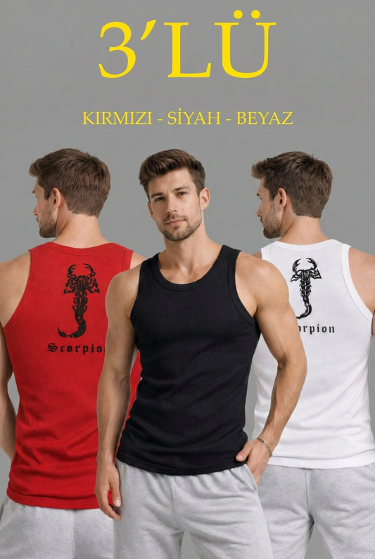 Erkek Spor Fitilli Atlet 3'lü Set Kırmızı, Siyah ve Beyaz Slim Fit Kaşkorse Arka Baskılı Spor Atlet