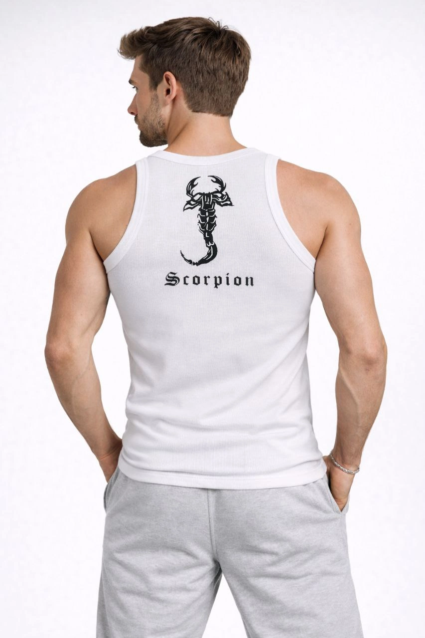 Erkek Spor Fitilli Atlet 2'li Set Siyah ve Beyaz Slim Fit Kaşkorse Arka Baskılı Spor Atlet