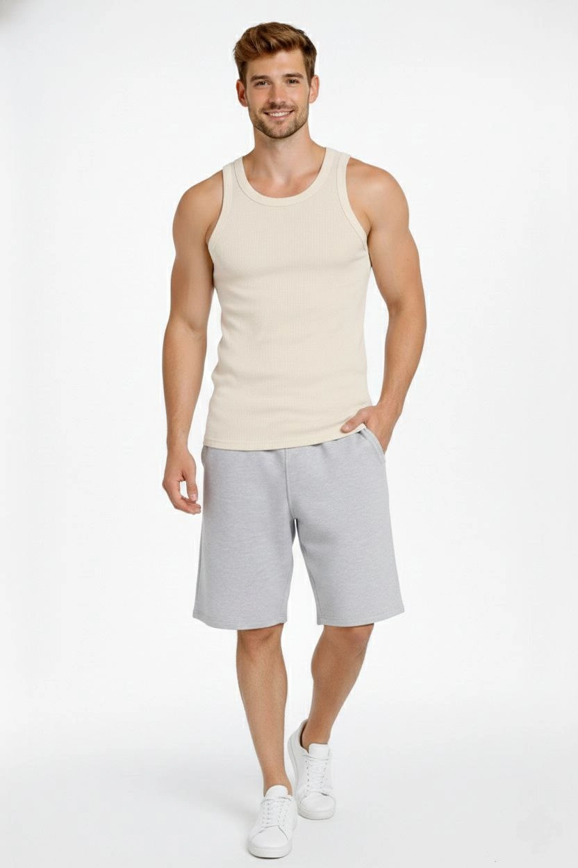 Erkek Spor Fitilli Atlet 2'li Set Siyah ve Bej Slim Fit Kaşkorse Arka Baskılı Spor Atlet