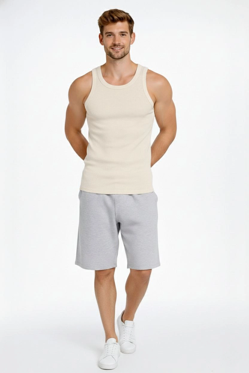 Erkek Spor Fitilli Atlet 2'li Set Siyah ve Bej Slim Fit Kaşkorse Arka Baskılı Spor Atlet