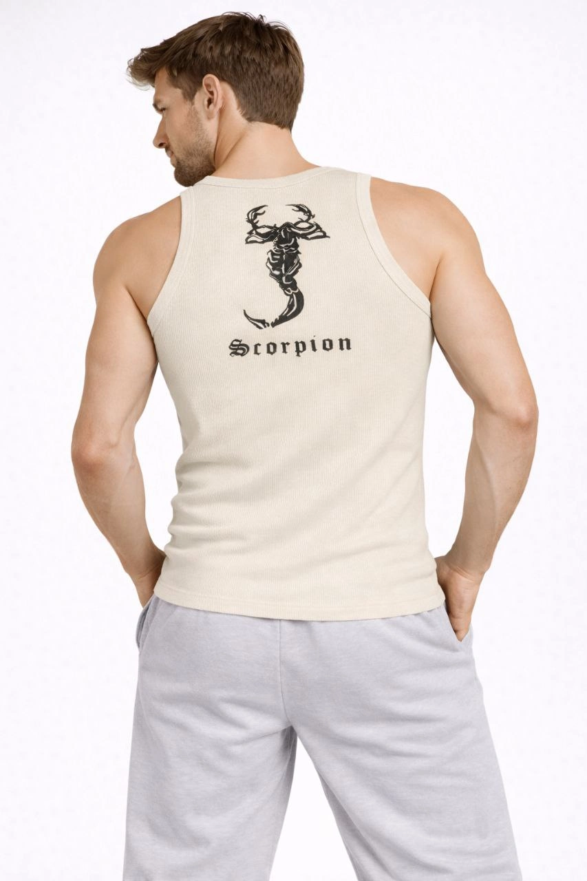 Erkek Spor Fitilli Atlet 2'li Set Siyah ve Bej Slim Fit Kaşkorse Arka Baskılı Spor Atlet