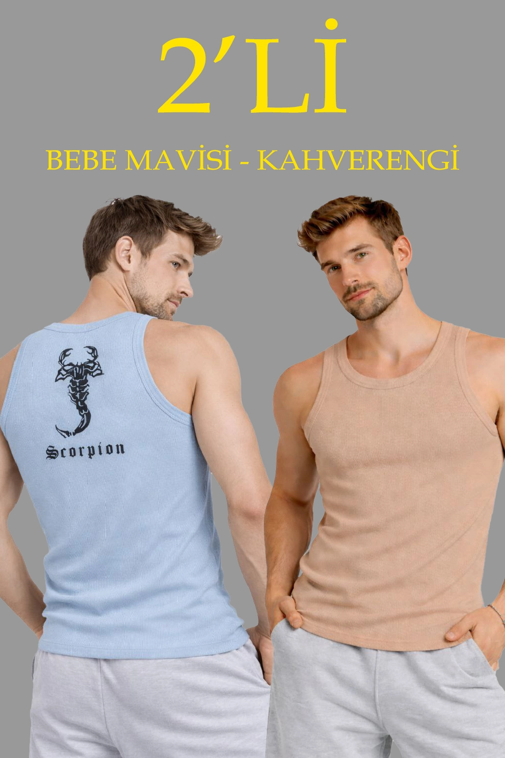 Erkek Spor Fitilli Atlet 2'li Set Kahverengi Bebek Mavisi Slim Fit Kaşkorse Arka Baskılı