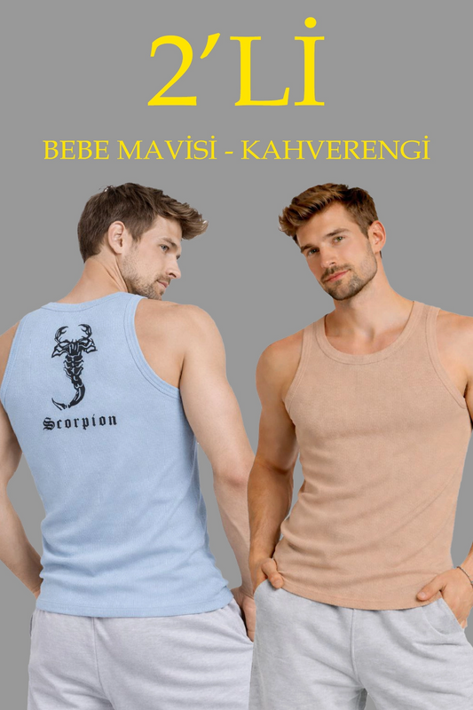 Erkek Spor Fitilli Atlet 2'li Set Kahverengi Bebek Mavisi Slim Fit Kaşkorse Arka Baskılı