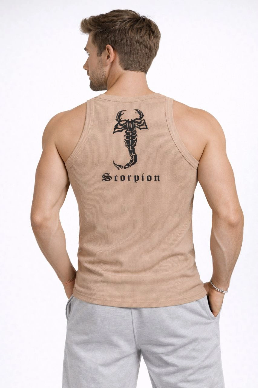 Erkek Spor Fitilli Atlet 2'li Set Kahverengi Bebek Mavisi Slim Fit Kaşkorse Arka Baskılı