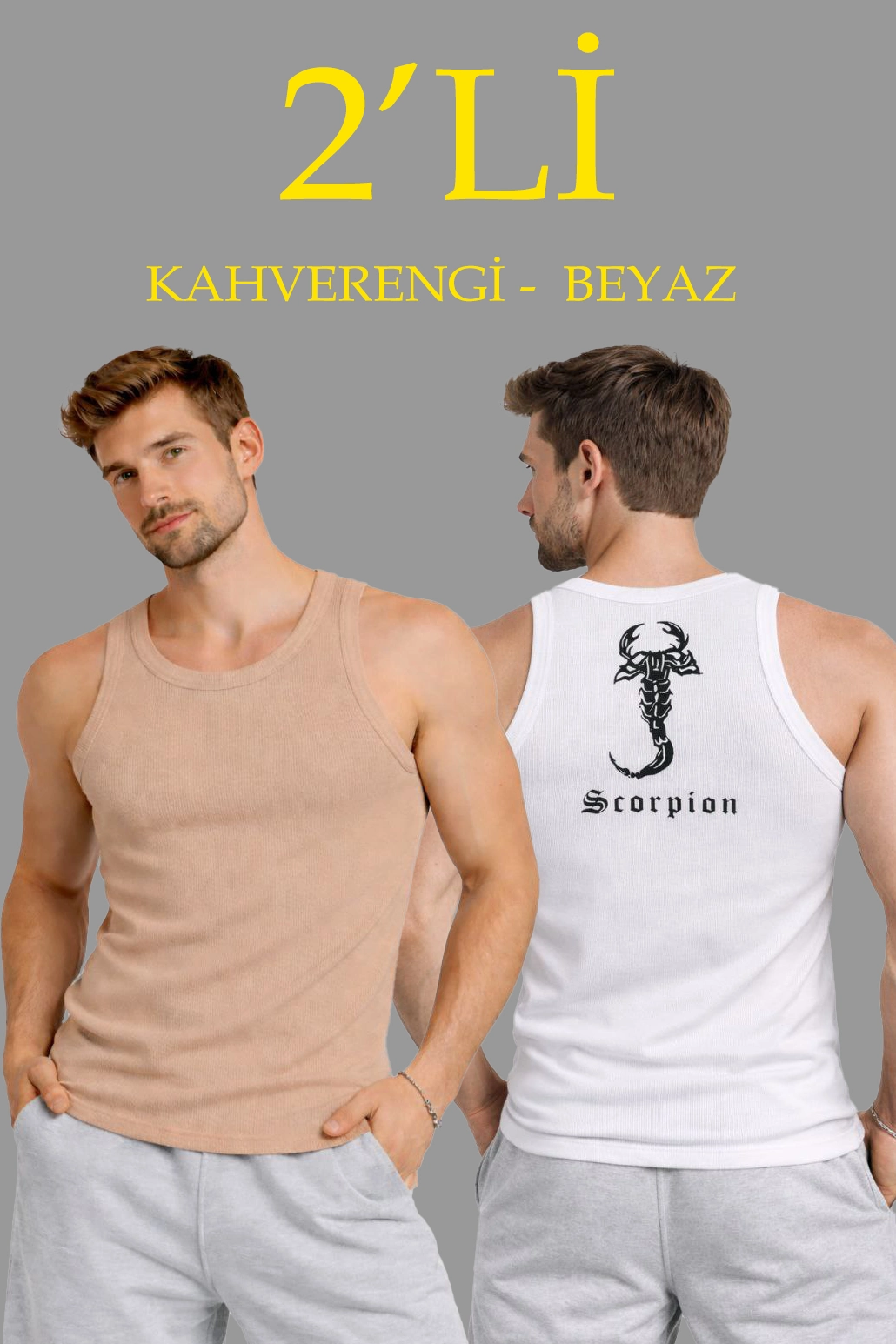 Erkek Spor Fitilli Atlet 2'li Set Kahverengi ve Beyaz Slim Fit Kaşkorse Arka Baskılı Spor Atlet