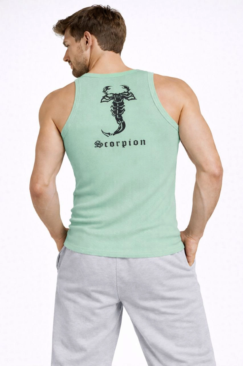 Erkek Spor Fitilli Atlet 2'li Set Siyah ve Mint Yeşili Slim Fit Kaşkorse Arka Baskılı Spor Atlet