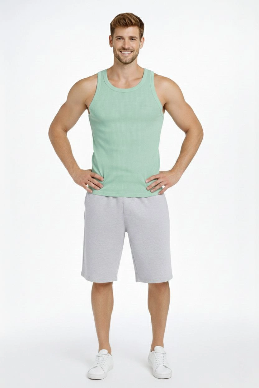 Erkek Spor Fitilli Atlet 2'li Set Siyah ve Mint Yeşili Slim Fit Kaşkorse Arka Baskılı Spor Atlet
