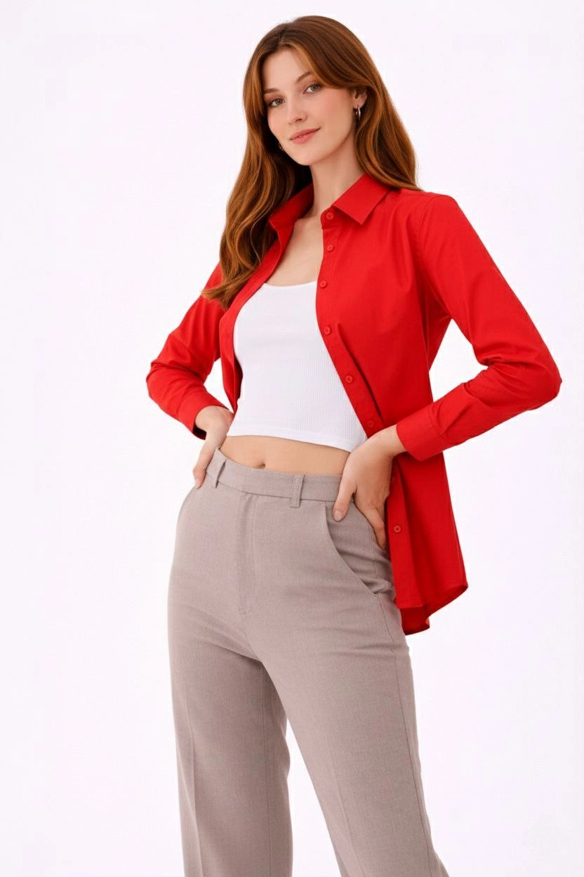 Kadın Uzun Kol Gömlek Düğmeli Klasik Yaka Günlük ve Ofis Şıklığına uygun - Kırmızı