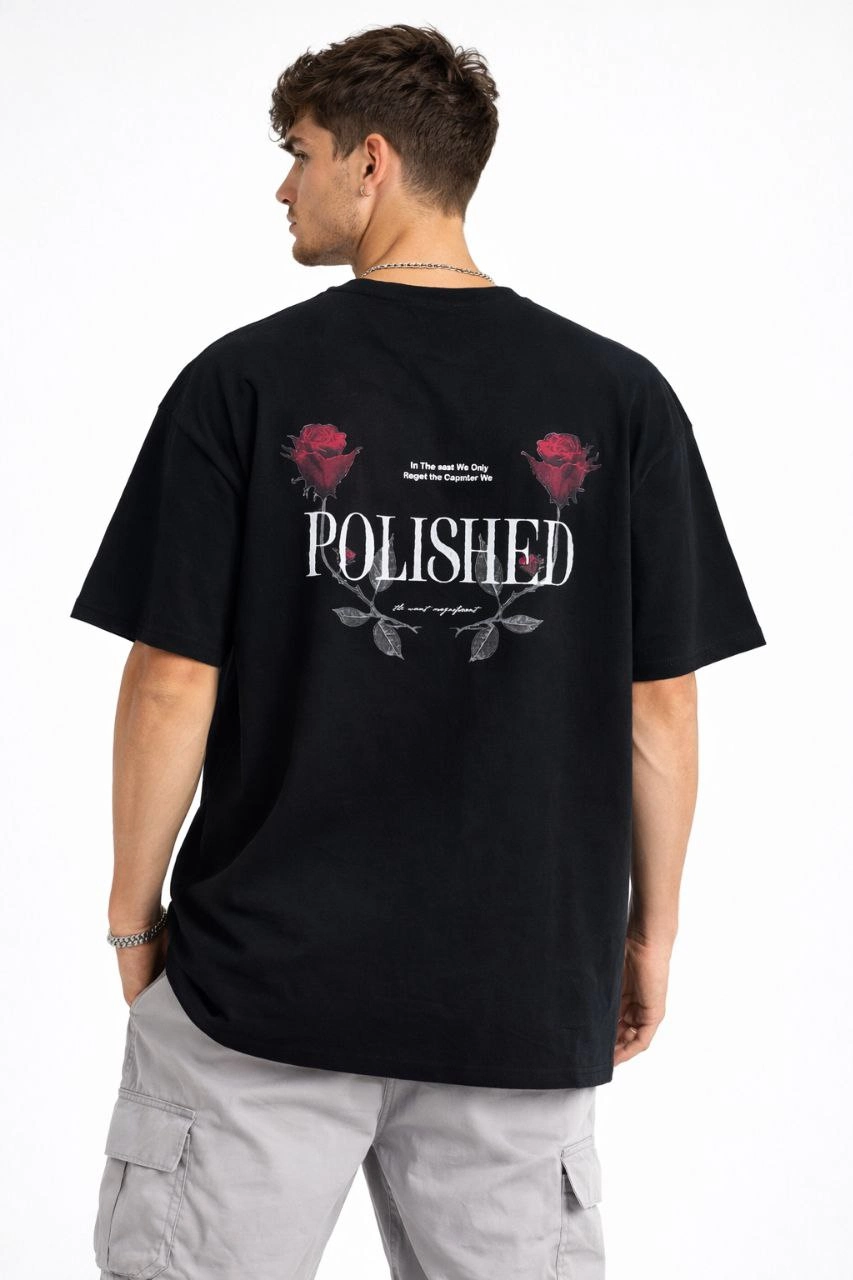 Erkek Bisiklet Yaka Baskılı  Kısa Kollu Tişört Streetwear Günlük Basic Pamuklu T-shirt - Siyah
