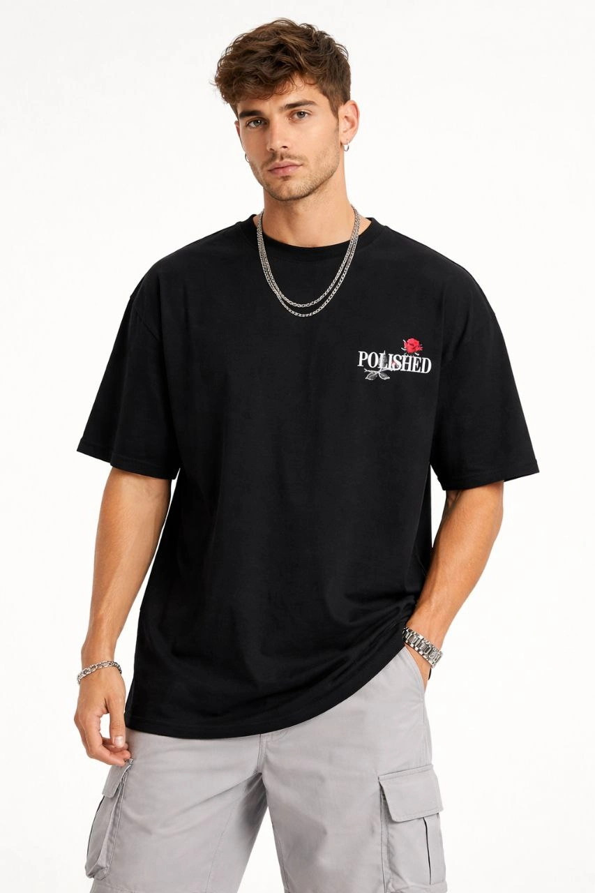 Erkek Bisiklet Yaka Baskılı  Kısa Kollu Tişört Streetwear Günlük Basic Pamuklu T-shirt - Siyah