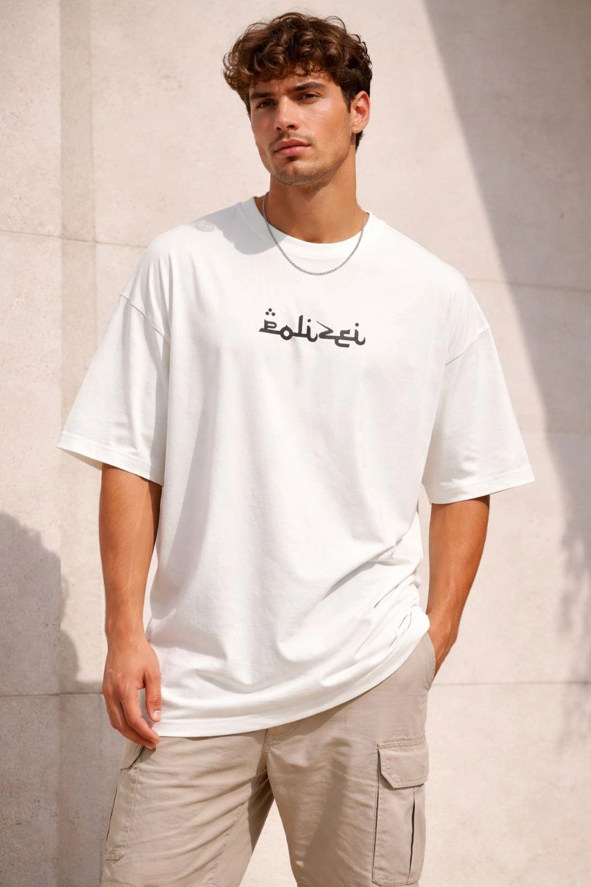 Erkek Bisiklet Yaka Baskılı Kısa Kollu Tişört Streetwear Günlük Basic Pamuklu T-shirt - Beyaz