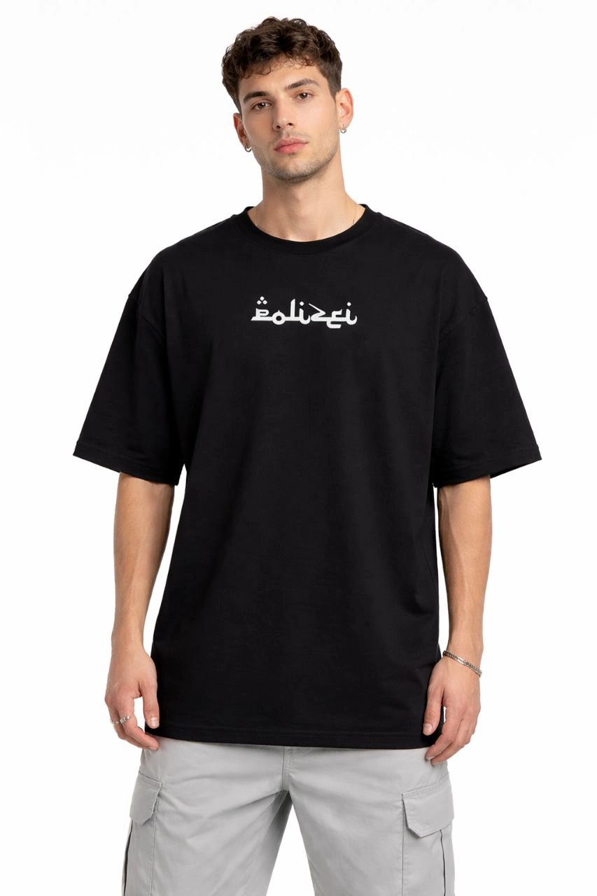 Erkek Bisiklet Yaka Baskılı Kısa Kollu Tişört Streetwear Günlük Basic Pamuklu T-shirt - Siyah