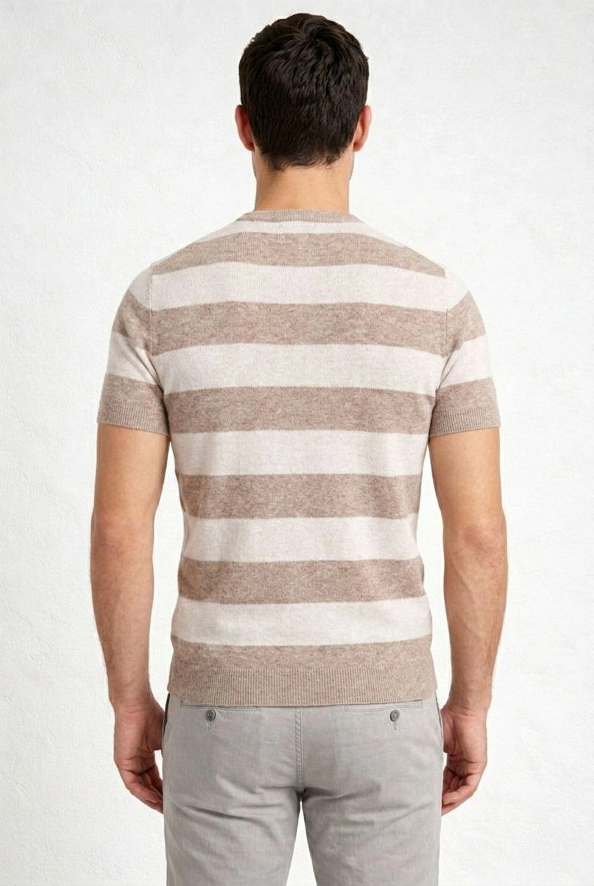 Erkek T-shirt Çizgili Triko Dokuma Bisiklet Yaka Tişört - Bej